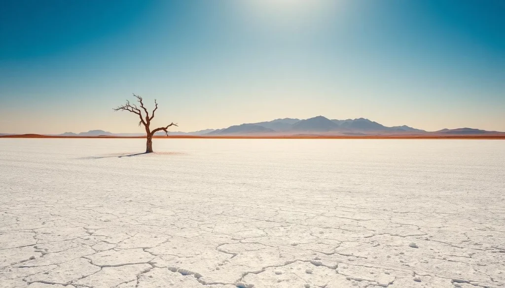 A vast, serene salt plain stretches out under a clear, azure sky. The ground is covered in a mesmerizing crystalline pattern, glistening in the warm, golden sunlight. In the middle distance, a gentle rise of low, rolling hills emerges, their slopes dusted with a delicate layer of salt. A lone, weathered tree stands silhouetted against the horizon, its branches reaching up towards the heavens. The scene is bathed in a soft, diffused light, creating a tranquil, almost otherworldly atmosphere. The camera captures this breathtaking landscape from a slightly elevated angle, showcasing the vast expanse and the play of light and shadow across the salt-encrusted terrain.