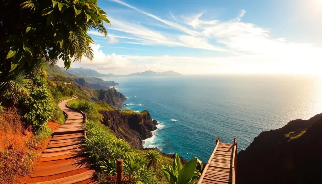 A vast, sun-dappled coastline unfolds, with the deep blue Pacific Ocean lapping against rugged volcanic cliffs. Lush tropical foliage frames the scenic trail, leading the eye towards the horizon where distant islands peek through the haze. Warm, golden light filters through wispy cirrus clouds, casting a gentle glow over the tranquil scene. Weathered wooden boardwalks wind along the cliff's edge, inviting exploration of this breathtaking Maui landscape. Capture the serene beauty of the Kapalua Coastal Trail, a picturesque oasis where land, sea, and sky converge in perfect harmony.
