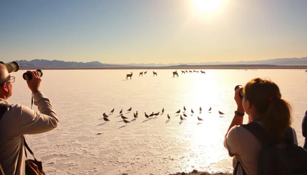 A vast, sun-dappled salt plain stretches out, shimmering in the warm light. In the foreground, a group of birdwatchers peer through binoculars, quietly observing the vibrant avian life that thrives in this unique ecosystem. Graceful shorebirds wade through the shallow pools, their delicate forms reflected in the glassy surface. In the middle distance, a herd of pronghorn antelope graze, their tan coats blending seamlessly with the rugged terrain. The background is framed by distant mesas and rolling hills, creating a sense of peaceful isolation. The overall scene conveys the wonder and tranquility of wildlife viewing at the Salt Plains National Wildlife Refuge.