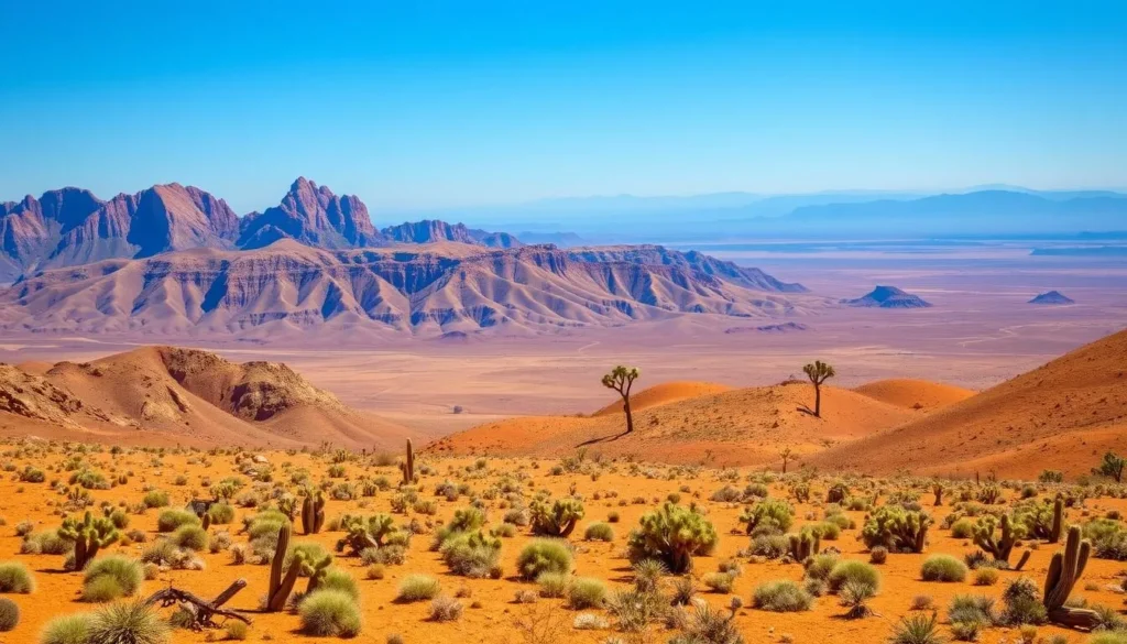 A vast, sun-drenched expanse of rugged, undulating mountains and sprawling desert landscapes. In the foreground, towering granite peaks rise majestically, their jagged silhouettes casting long shadows across the ochre-hued terrain. Scattered cacti and hardy shrubs dot the middle ground, swaying gently in the warm desert breeze. In the distance, a hazy blue horizon stretches out, punctuated by the occasional lone Joshua tree. The lighting is soft and natural, casting a warm, golden glow over the entire scene. Capture the timeless, serene beauty of the Mojave National Preserve, a vast wilderness of undisturbed desert grandeur.