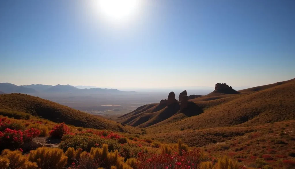 A vast, sun-drenched landscape unfolds, showcasing the stunning natural beauty of Dana Biosphere Reserve. In the foreground, rolling hills covered in lush, vibrant vegetation lead the eye towards a distant, rugged mountain range. The middle ground is dotted with weathered rock formations, casting dramatic shadows under the warm, golden light. In the background, a hazy blue sky stretches endlessly, creating a sense of depth and tranquility. The scene evokes a feeling of discovery, inviting the viewer to explore this hidden gem of Jordan's natural wonders.