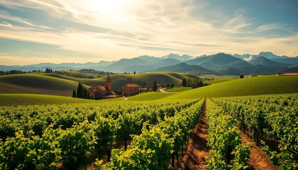 A vast, undulating landscape of vineyards, dotted with charming stone buildings and capped by the majestic Alps in the distance. Sunlight filters through wispy clouds, casting a warm, golden glow over the scene. In the foreground, rows of grapevines stretch out as far as the eye can see, their lush, green foliage swaying gently in the breeze. The middle ground features a quaint village, its red-tiled roofs and cobblestone streets a testament to the region's rich history. In the background, the towering peaks of the French Alps rise up, their snow-capped summits gleaming in the distance. The overall mood is one of tranquility and timelessness, capturing the essence of the Rhône Valley's unique terroir and winemaking heritage.