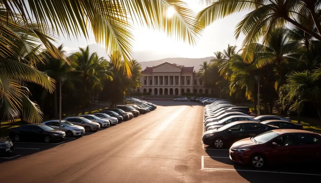 A vast, well-maintained parking lot nestled beside the iconic Bishop Museum, surrounded by lush tropical foliage. Sunlight filters through swaying palm fronds, casting a warm, inviting glow over the scene. Rows of neatly parked cars await visitors, their reflections shimmering on the smooth asphalt. In the distance, the museum's majestic architecture rises, its distinct Hawaiian style blending seamlessly with the natural landscape. The atmosphere is one of tranquility and anticipation, beckoning visitors to explore the rich cultural treasures that await within the museum's halls.