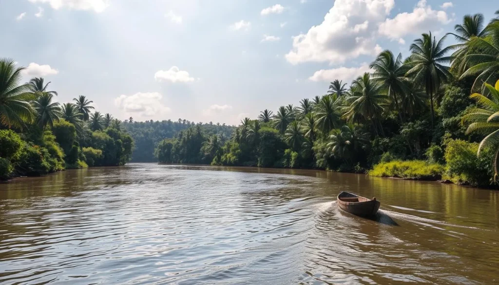 A vast, winding river cutting through lush, verdant jungle foliage. The Congo River, majestic and serene, flows gently under a bright, sun-dappled sky. Towering palm trees line the riverbanks, casting soft shadows across the glistening surface. In the distance, a traditional wooden canoe glides peacefully, the only sign of human presence. The scene exudes a sense of tranquility and timeless natural beauty, perfect for a day trip from the bustling city of Brazzaville.