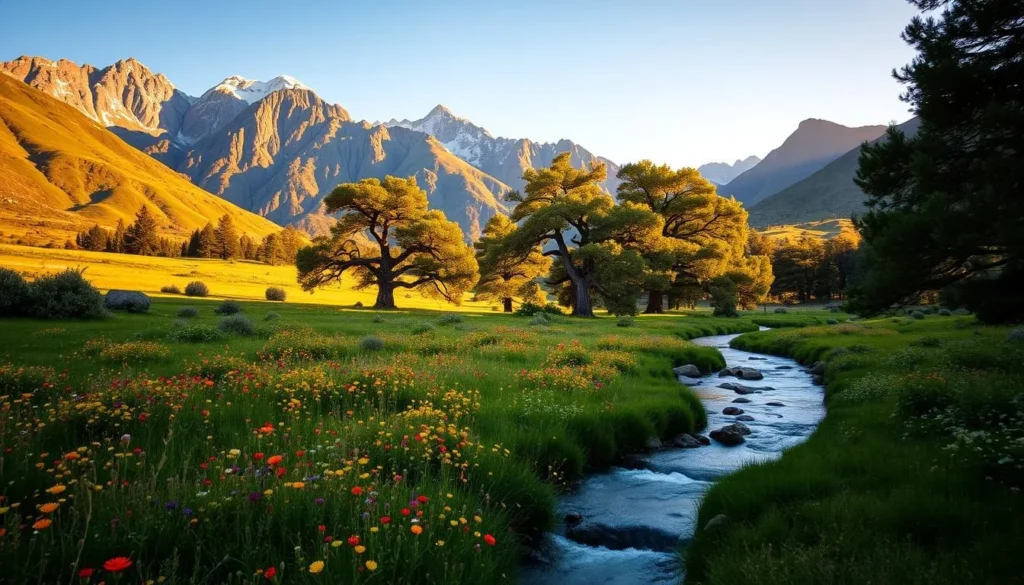 A verdant landscape of the Transverse Ranges in California, bathed in warm, golden sunlight. Towering, rugged mountains rise majestically in the background, their peaks capped with a dusting of snow. In the foreground, a tranquil meadow is adorned with vibrant wildflowers, swaying gently in a soft breeze. A winding stream cuts through the scene, its crystal-clear waters reflecting the azure sky above. Majestic oak trees, their branches casting delicate shadows, dot the middle ground, creating a serene and picturesque atmosphere. The overall mood is one of natural beauty, serenity, and a sense of being immersed in the untamed splendor of the Transverse Ranges.