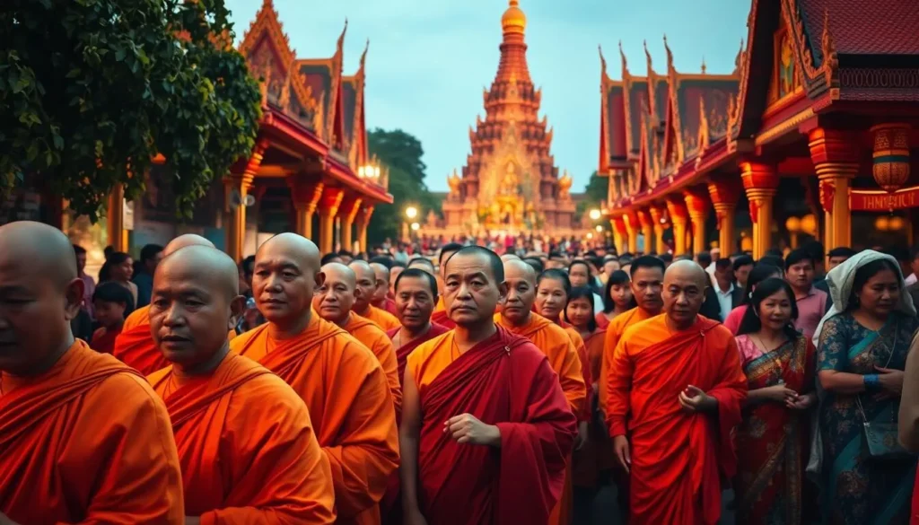 A vibrant Cambodian festival, a celebration of rich cultural heritage. In the foreground, a serene procession of saffron-robed monks, their faces exuding tranquility. Behind them, a lively crowd adorned in colorful traditional attire, reverently participating in the festivities. Intricate temple architecture stands tall in the background, its ornate details casting warm, soft lighting across the scene. The atmosphere is one of deep respect and reverence, where the community comes together to honor their cultural traditions. A beautiful, immersive tableau capturing the essence of Cambodian festival etiquette.