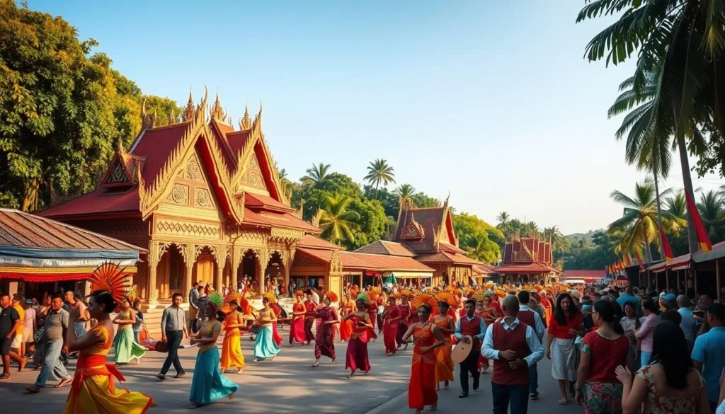 A vibrant Cambodian festival scene unfolds, with colorful processions of elaborately costumed dancers and musicians parading through a bustling village square. The foreground is alive with the energy of the performance, featuring graceful apsara dancers moving in sync to the rhythmic beat of traditional instruments. In the middle ground, locals and visitors alike gather around ornate temples and shrines, immersed in the cultural festivities. The background showcases the verdant tropical landscape, with lush foliage and clear skies bathed in warm, natural lighting, creating a serene and inviting atmosphere. The overall scene conveys the deep cultural significance and joyous spirit of Cambodian festivals.