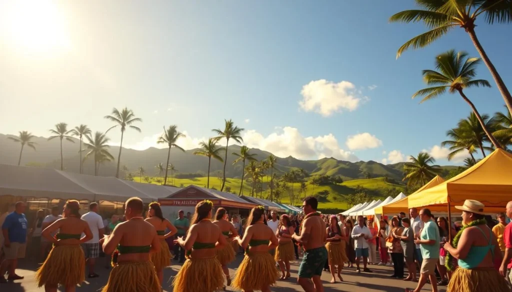 A vibrant Hawaiian cultural festival unfolds under the warm, golden rays of the sun. The foreground features a lively performance of traditional hula dancers, their grass skirts swaying in sync with the rhythm of the drums and ukuleles. In the middle ground, colorful tents and booths showcase local artisanal crafts, from intricate lei-making to hand-carved wooden sculptures. The background depicts a lush, verdant landscape of palm trees and rolling hills, evoking the natural beauty of the Hawaiian islands. The atmosphere is one of celebration, community, and a deep respect for the rich cultural heritage of the region. A wide-angle lens captures the vibrant scene, showcasing the energy and vibrancy of this authentic Hawaiian cultural festival.