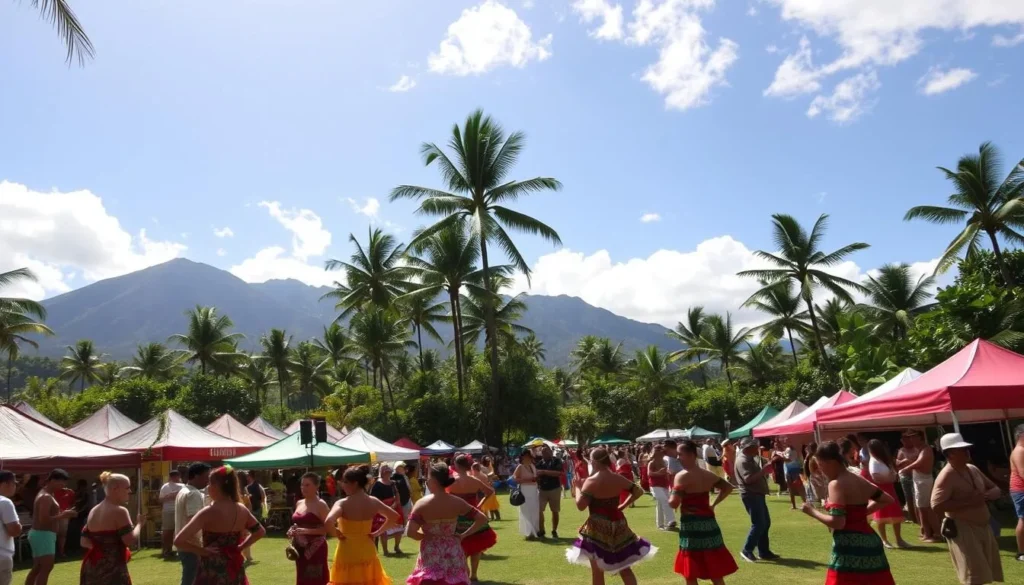 A vibrant Hawaiian festival unfolds beneath the warm island sun. In the foreground, dancers sway gracefully in traditional costumes, their intricate movements accompanied by the rhythmic beats of drums and ukuleles. Colorful tents and canopies dot the lush, verdant landscape, housing artisanal vendors showcasing unique local crafts and delicacies. Towering palm trees sway gently in the light breeze, casting dappled shadows over the joyful celebration. In the distance, majestic volcanic peaks rise, serving as a stunning natural backdrop to this cultural gathering. The atmosphere is one of reverence, community, and the enduring spirit of Hawaiian heritage.