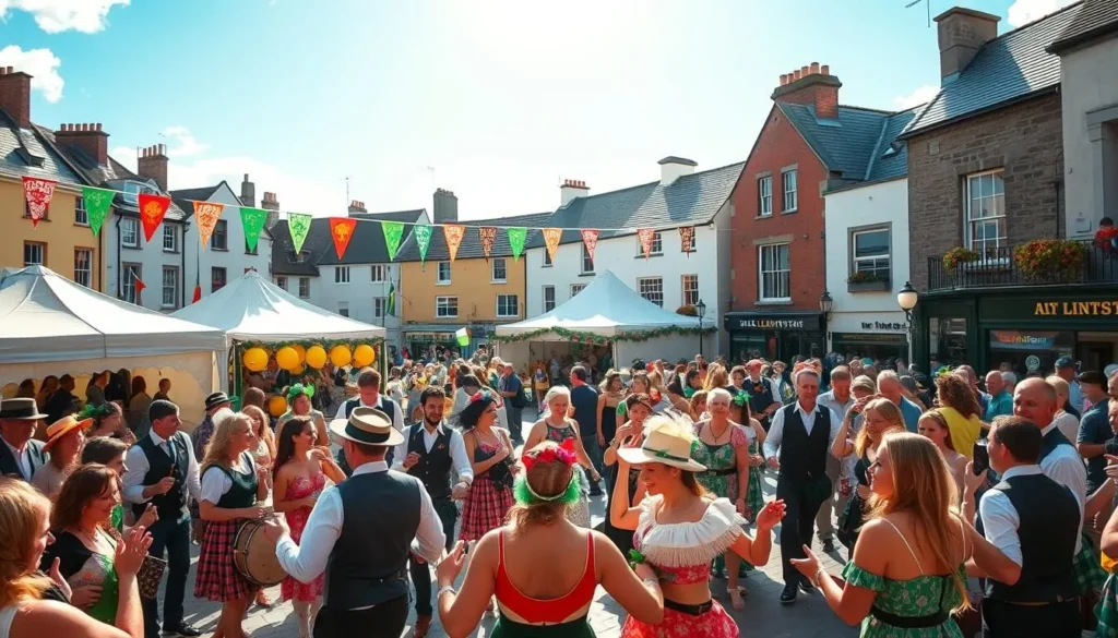 A vibrant Leinster festival celebration unfolds in a lively town square. In the foreground, revelers in traditional Irish attire dance joyfully to the rhythmic beat of bodhrán drums and tin whistles. The middle ground features colorful banners, streamers, and tents, creating a festive atmosphere. In the background, quaint historic buildings provide a picturesque backdrop, with sunlight casting a warm glow over the scene. The overall mood is one of merriment, community, and the celebration of Irish culture and heritage.