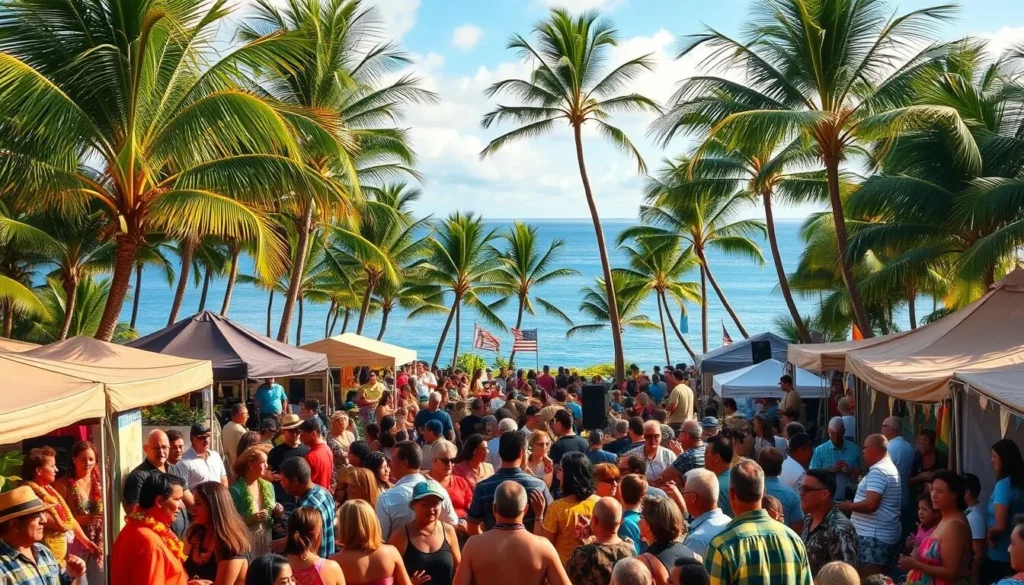 A vibrant Maui festival scene, filled with the spirit of aloha. In the foreground, a lively crowd gathers, adorned in colorful Hawaiian attire, dancing to the rhythmic beats of traditional music. In the middle ground, artisanal stalls offer a tempting array of local crafts, fresh tropical fruits, and fragrant leis. In the background, swaying palm trees frame a picturesque vista of the Pacific Ocean, bathed in the warm glow of the afternoon sun. The atmosphere exudes a captivating blend of cultural celebration, community, and the natural beauty that defines the Maui experience.