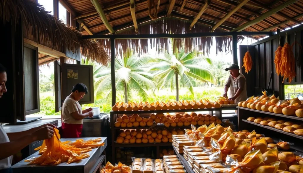 A vibrant Mekong Delta coconut candy workshop, sunlight streaming through thatched roofs and open windows, illuminating the intricate process. In the foreground, skilled artisans deftly roll and shape the glistening golden candy, their hands moving with practiced precision. Shelves in the middle ground display an abundance of neatly packaged coconut treats, ready for sale. The background reveals the lush greenery of the Mekong landscape, gently swaying palm trees creating a serene, rustic ambiance. The overall scene exudes a sense of traditional craftsmanship, regional authenticity, and the vibrant culture of Vietnam's iconic Mekong Delta.