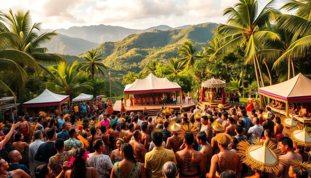 A vibrant Samoan festival unfolding against a backdrop of lush tropical foliage. In the foreground, a crowd of people adorned in colorful traditional costumes and headdresses, dancing and celebrating with rhythmic movements. The middle ground showcases elaborately decorated stages and tents, where musicians play traditional instruments and performers enact cultural rituals. The background reveals a scenic vista of verdant hills and a clear blue sky, creating a sense of immersion in the natural beauty of Samoa. Warm, diffused lighting casts a golden glow over the entire scene, evoking a celebratory and festive atmosphere.