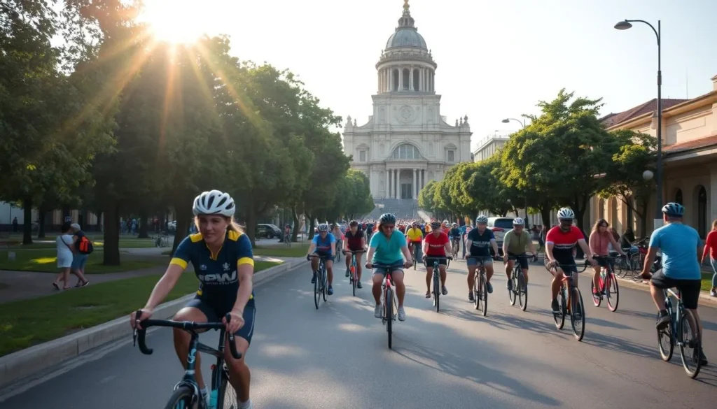 A vibrant Sunday morning in Morelia, Mexico. The iconic Ciclovia Dominical, a car-free street, bustles with cyclists of all ages enjoying the fresh air and scenic surroundings. In the foreground, a group of friends pedal leisurely, their vibrant jerseys and helmets reflecting the sun's warm glow. The middle ground reveals a smooth, well-paved path lined with lush trees and historic buildings, casting gentle shadows. In the background, the majestic Morelia Cathedral towers over the scene, its ornate façade gleaming. An atmosphere of community, exercise, and appreciation for the city's rich heritage fills the air.