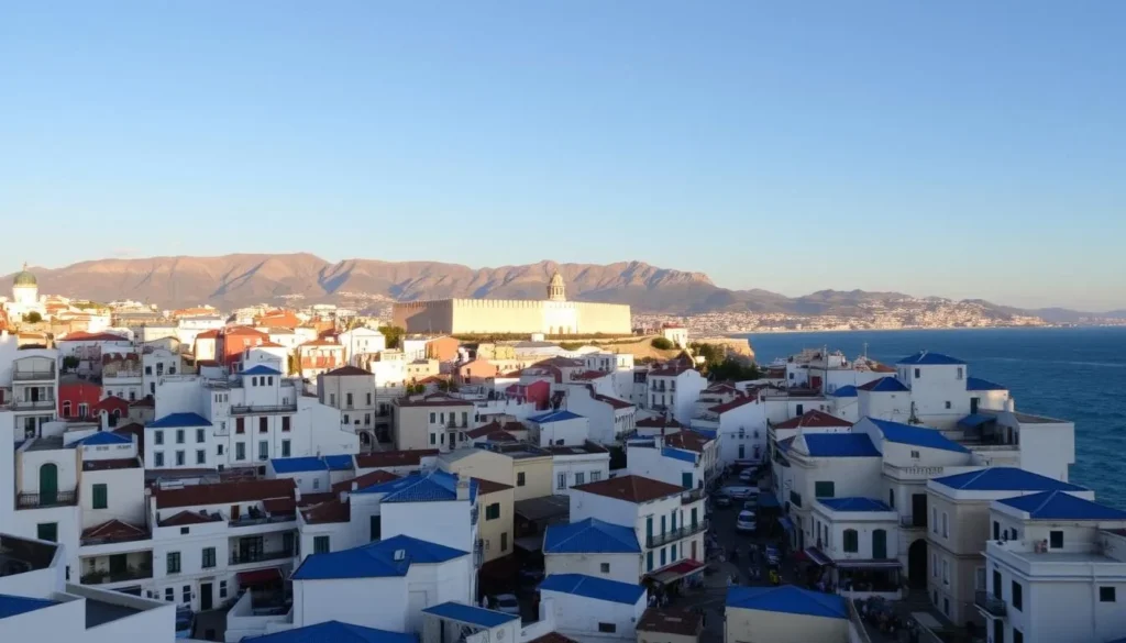 A vibrant Tangier cityscape with the iconic white-washed buildings and blue-tiled roofs cascading down the hills toward the sparkling Mediterranean Sea. In the foreground, a bustling medina with narrow winding streets lined with vibrant local markets, artisan workshops, and charming cafes. In the middle ground, the imposing Kasbah fortress and the historic Tangier Lighthouse stand tall, casting long shadows in the warm afternoon sunlight. In the background, the majestic Atlas Mountains rise up, their rugged peaks silhouetted against a clear azure sky. Capture the lively atmosphere and the captivating blend of European and Moroccan influences that make Tangier such a unique and alluring destination.