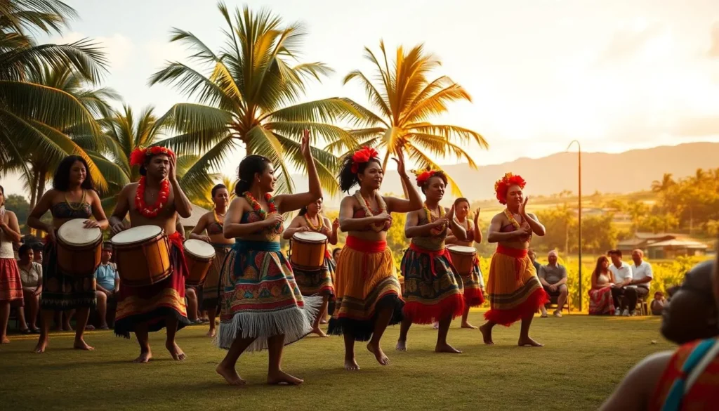 A vibrant Tongan dance performance in a lush, tropical setting. A group of performers in traditional costumes gracefully move to the rhythm of drums and chanting, their movements fluid and expressive. The foreground features the dancers, their intricate footwork and arm gestures on full display. The middle ground shows the audience, captivated by the performance. The background depicts a scenic Tongan landscape, with swaying palm trees, azure skies, and a hint of a traditional village in the distance. The lighting is warm and natural, casting a golden glow over the scene. Capture the energy, culture, and beauty of this authentic Tongan tradition.