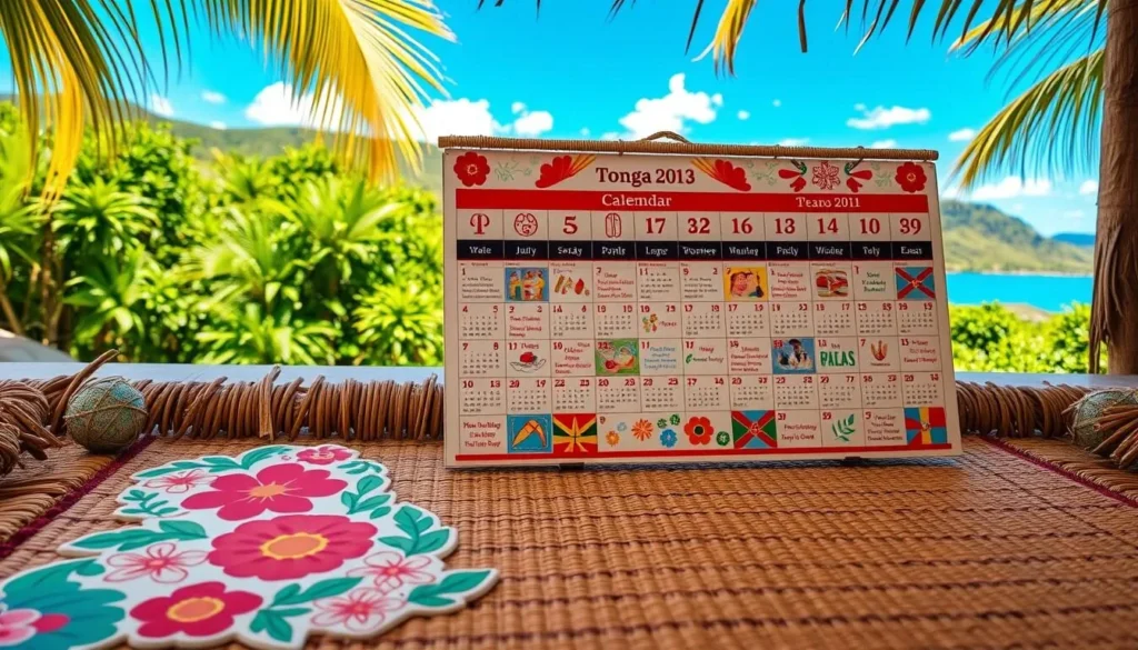 A vibrant Tongan festival calendar displayed on a traditional woven mat, showcasing a variety of colorful events throughout the year. The foreground features intricate floral designs and symbols representing the diverse cultural celebrations. The middle ground depicts dancers in traditional costumes performing lively dances, while the background shows a scenic landscape of lush green foliage and a clear blue sky. The lighting is warm and natural, capturing the festive atmosphere of the Tongan islands. The overall composition conveys a sense of cultural richness and community spirit.