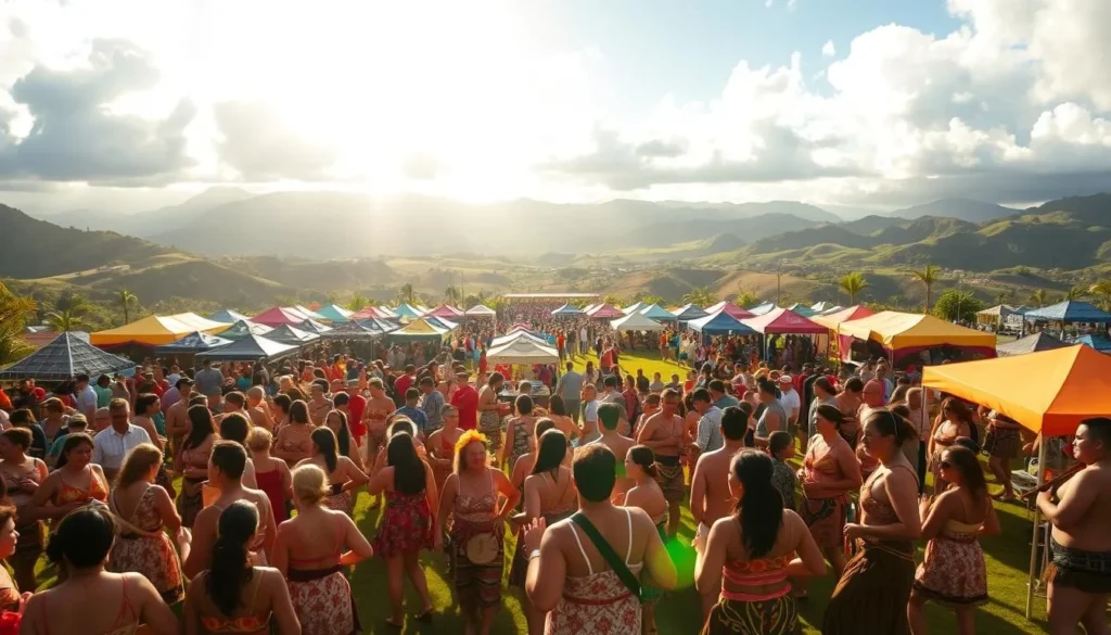 A vibrant Tongan festival scene, bathed in warm, golden sunlight. In the foreground, a lively crowd of dancers adorned in traditional costumes sway to the rhythmic beats of drums and ukuleles. The middle ground showcases an array of colorful tents and stalls, offering local handicrafts, fragrant food, and refreshing beverages. In the background, a scenic landscape of verdant hills and azure skies provides a picturesque backdrop, creating a serene and celebratory atmosphere. Capture the essence of Tongan culture, with a focus on the joyful energy and communal spirit of this dynamic festival experience.
