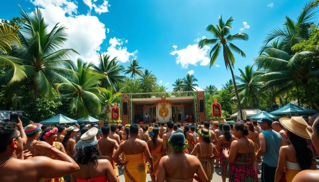 A vibrant Wallis and Futuna festival captured through the lens of a skilled photographer. In the foreground, a crowd of locals dressed in traditional costumes dance and celebrate, their movements frozen in time. The middle ground features a stage adorned with intricate decorations, spotlights casting a warm glow over the festivities. In the background, lush tropical foliage and clear blue skies create a picturesque setting, accentuating the natural beauty of the islands. The image is shot with a wide-angle lens, allowing the viewer to immerse themselves in the energy and atmosphere of the event. Crisp, high-resolution details and natural lighting lend an air of authenticity, preserving the memories of this vibrant cultural celebration.