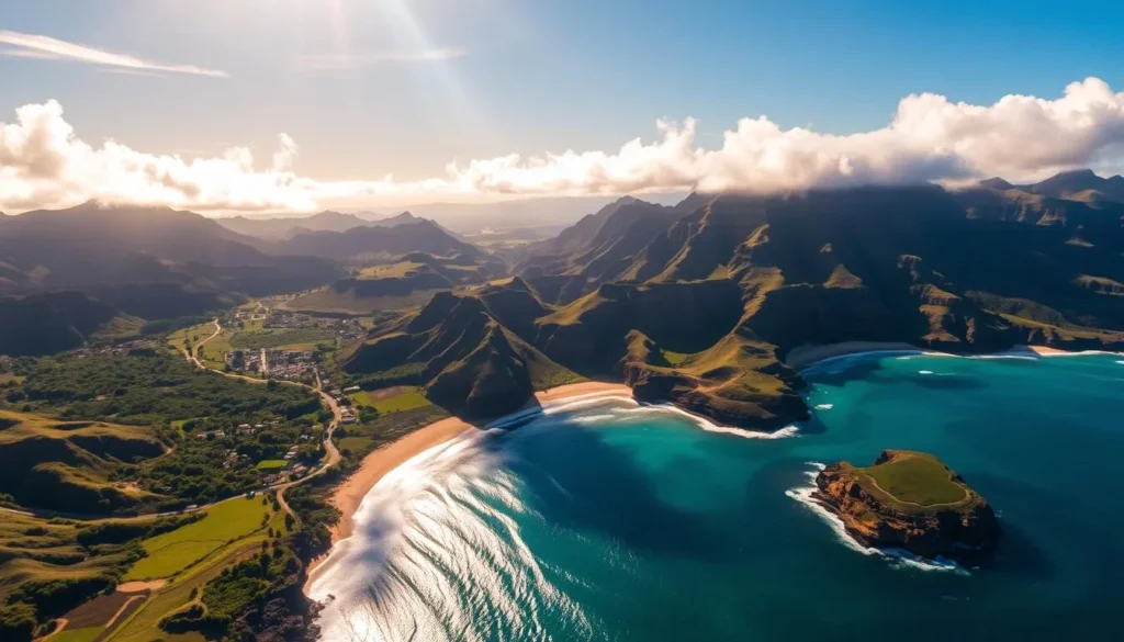 A vibrant aerial view of Kauai's North and South shores on a gorgeous, sun-dappled day. The lush, verdant landscapes of the North Shore are juxtaposed with the rugged, sun-kissed cliffs of the South Shore, their distinct microclimates captured in vivid detail. Warm, golden light filters through wispy clouds, casting a tranquil glow over the island's pristine beaches, turquoise waters, and verdant, rolling hills. The scene is framed by a dramatic, wide-angle lens, emphasizing the dramatic contrasts between the two regions and showcasing Kauai's diverse, ever-changing weather patterns.