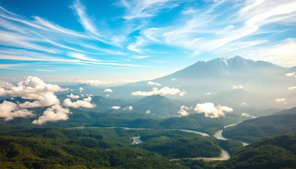 A vibrant aerial view of Papua New Guinea's diverse regional weather patterns. In the foreground, lush tropical forests stretch out, dotted with winding rivers and cascading waterfalls. The middle ground reveals rolling hills and valleys, with clouds casting dramatic shadows over the landscape. In the distance, majestic mountain peaks reach up towards a brilliant azure sky, their slopes glistening with snow. Warm, diffused sunlight filters through wispy cirrus clouds, creating a serene and tranquil atmosphere. The scene captures the dynamic interplay of Papua New Guinea's microclimates, showcasing the optimal conditions for weather-savvy exploration.