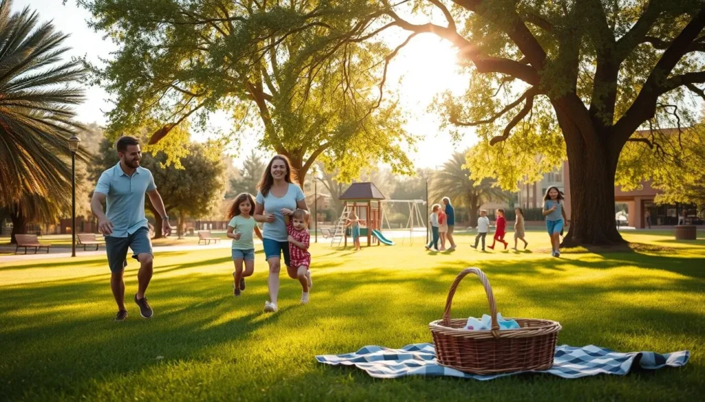 A vibrant afternoon in the sun-dappled parks of Las Cruces, New Mexico. In the foreground, a family of four - parents and two young children - enjoying a game of frisbee, their laughter and joy palpable. The middle ground features a picnic blanket and basket, surrounded by lush green grass and towering shade trees. In the background, a group of friends playing on a jungle gym, their playful shrieks echoing through the tranquil setting. Warm, golden light filters through the leaves, casting a soft glow over the entire scene. A calm, carefree atmosphere permeates the image, inviting the viewer to imagine themselves joining in the family fun.