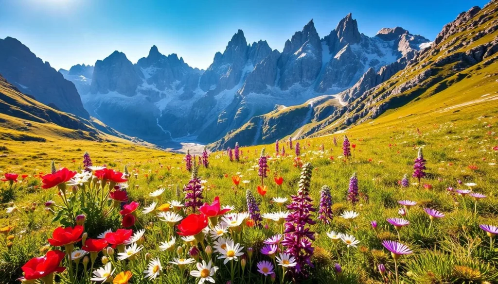 A vibrant alpine meadow nestled in the Swiss Alps, bathed in warm, golden sunlight. In the foreground, a lush carpet of colorful wildflowers - crimson red alpine roses, delicate white edelweiss, and vibrant purple gentians sway gently in a soft breeze. The middle ground reveals a backdrop of rugged, snow-capped peaks towering majestically, their jagged edges casting long shadows across the scene. The image is captured with a wide-angle lens, providing a panoramic view that immerses the viewer in the serene and breathtaking natural beauty of the Grand Combin region.