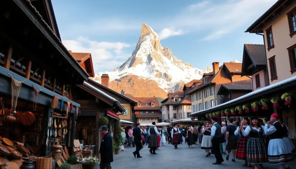 A vibrant alpine village nestled in the shadow of the majestic Matterhorn, Zermatt offers a rich tapestry of cultural experiences. In the foreground, local artisans showcase their handcrafted wares in quaint wooden chalets, their intricate designs and traditional techniques on full display. The middle ground features a lively town square, where costumed performers captivate the crowd with lively folk dances and music, transporting visitors to a bygone era. In the background, the iconic Matterhorn looms majestically, its snow-capped peaks bathed in warm, golden light, creating a breathtaking backdrop for this vibrant cultural scene. Capture the essence of Zermatt's timeless charm and the harmony between its people, traditions, and breathtaking natural surroundings.
