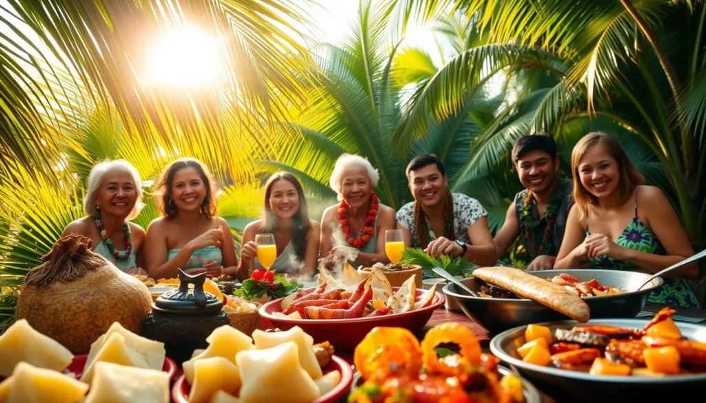 A vibrant and authentic Polynesian feast, set against a backdrop of lush tropical foliage. In the foreground, a spread of traditional dishes - steamed taro, roasted breadfruit, and a sizzling plate of fresh-caught seafood. Mid-frame, a group of locals enjoy the meal together, their faces alight with joy and cultural pride. The warm, golden sunlight filters through the swaying palm fronds, casting a soft, inviting glow over the scene. The overall atmosphere evokes a sense of community, tradition, and the bounty of the Polynesian islands.
