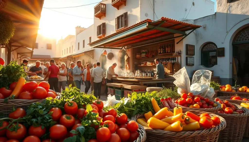 A vibrant and authentic scene of Tunisian cuisine, captured on a sun-drenched day in the bustling market of Safaqis. In the foreground, a colorful array of fresh produce spills out from woven baskets - juicy tomatoes, fragrant herbs, and vibrant peppers. In the middle ground, a lively open-air kitchen sizzles with the aroma of simmering stews and grilled meats, surrounded by chattering locals and curious visitors. The background is filled with the architectural charm of Safaqis, with whitewashed buildings and ornate doorways casting long shadows across the cobbled lanes. The scene is bathed in warm, golden light, evoking the rich culinary traditions and welcoming atmosphere of this captivating Tunisian town.