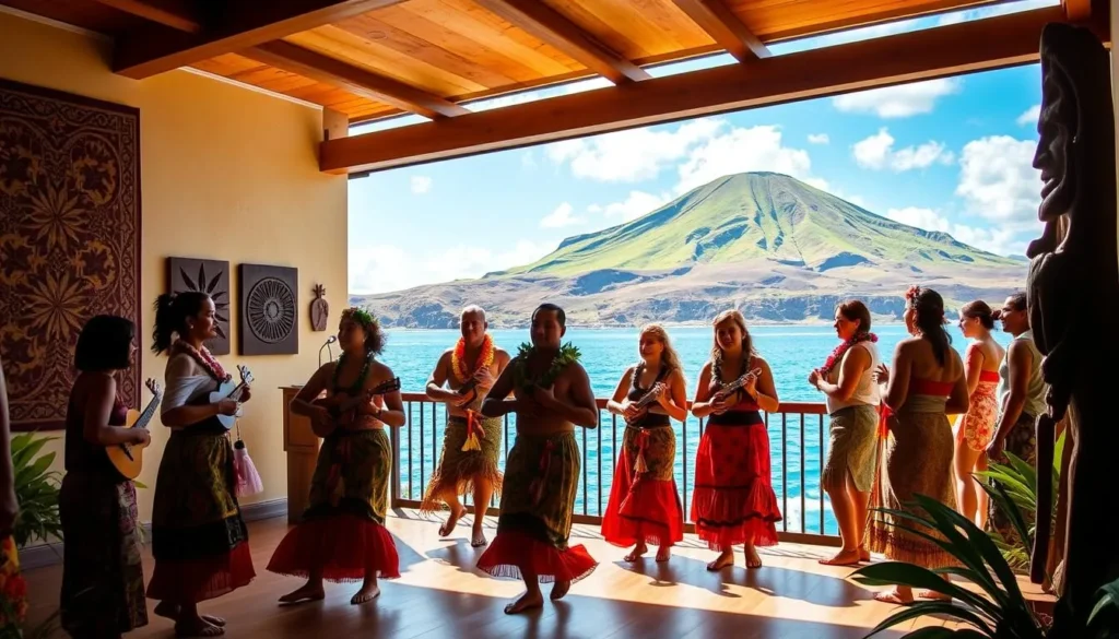 A vibrant and captivating scene of Hawaiian cultural elements at the Maui Ocean Center. In the foreground, graceful hula dancers in traditional costumes sway to the rhythm of ukulele music, their long skirts and leis swaying gently in the warm island breeze. In the middle ground, intricate tapa cloth patterns and carved wooden sculptures adorn the center's walls, reflecting the rich artistic heritage of the Hawaiian people. In the background, the azure waters of the Pacific Ocean stretch out, with the lush, verdant slopes of Haleakala volcano rising in the distance, bathed in the soft, golden light of a perfect Hawaiian day.