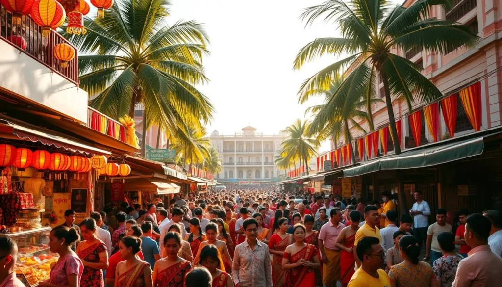 A vibrant and colorful festival scene in Sihanoukville, Cambodia. The bustling crowd fills the streets, adorned in traditional Khmer attire. Vibrant lanterns and decorations hang from buildings, casting a warm glow over the festivities. In the foreground, local vendors sell an array of delicious street food and handcrafted souvenirs. In the middle ground, musicians and dancers perform lively traditional dances, captivating onlookers. The background showcases the city's iconic colonial architecture, framed by swaying palm trees. Warm sunlight filters through the scene, creating a dreamlike atmosphere of celebration and cultural immersion.