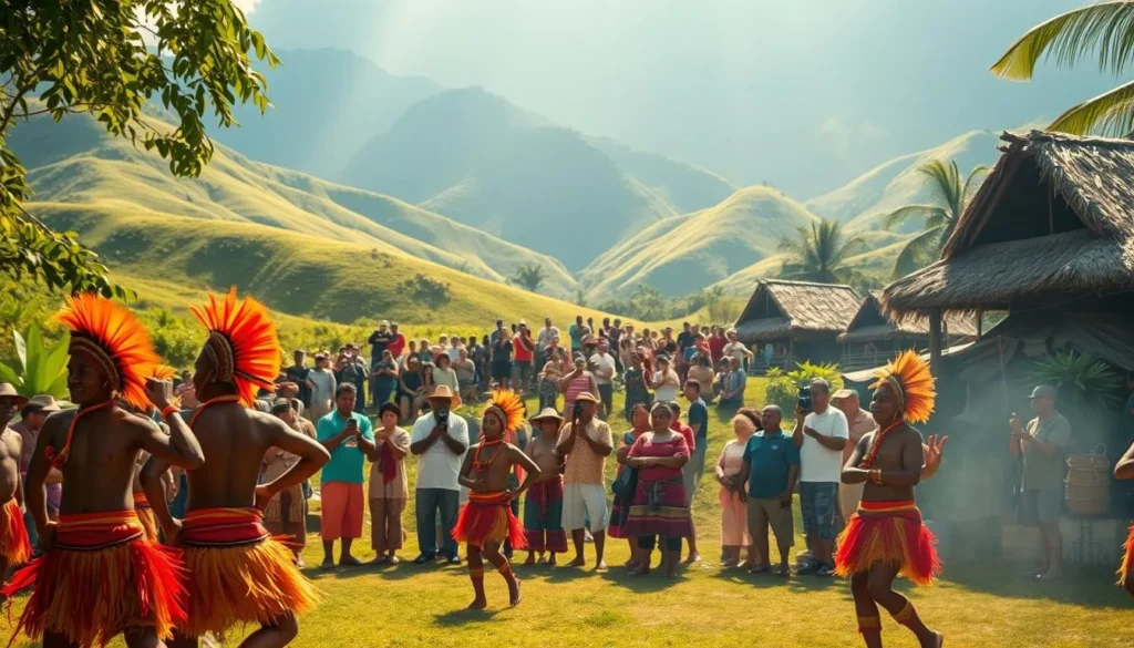 A vibrant and colorful festival scene in the lush tropical landscape of Papua New Guinea. In the foreground, a group of dancers in traditional tribal attire perform an energetic routine, their vibrant costumes and headdresses swaying with the rhythm. In the middle ground, a crowd of spectators watches in awe, capturing the moment on their cameras. The background is filled with verdant, rolling hills and the silhouettes of traditional thatched-roof huts. Warm, golden sunlight filters through the scene, casting a natural, soft glow over the entire composition. The overall atmosphere is one of celebration, cultural richness, and the beauty of Papua New Guinea's unique traditions.
