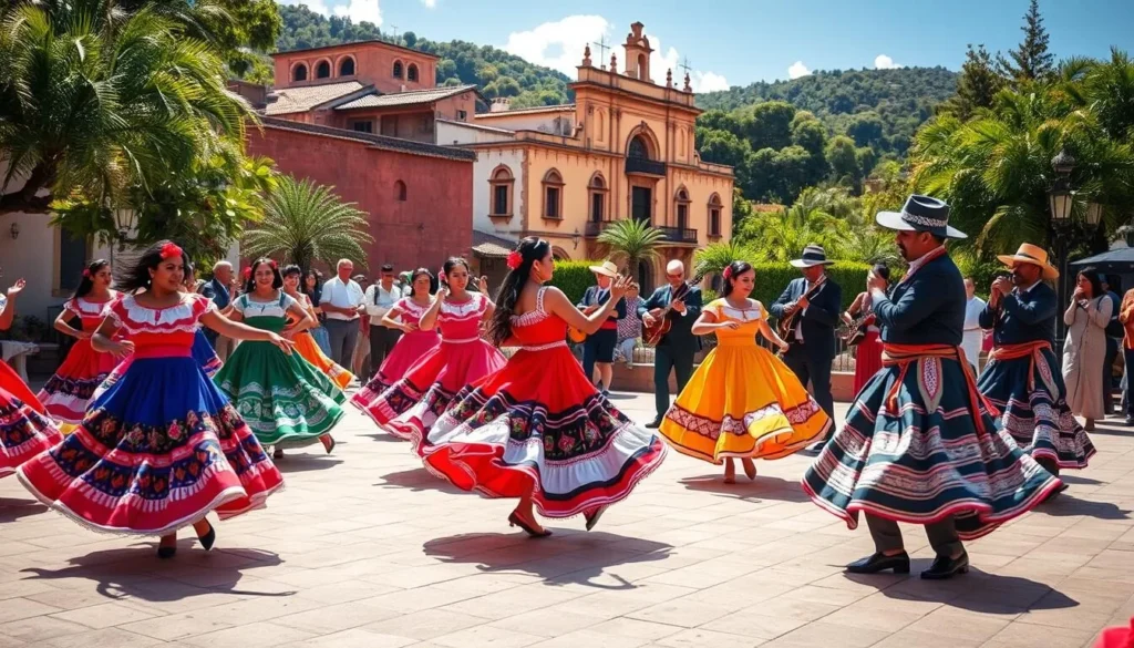 A vibrant and colorful outdoor scene showcasing the captivating folkloric dance performances of Tlaxcala, Mexico. In the foreground, a troupe of graceful dancers adorned in traditional costumes swirl and twirl, their movements fluid and energetic. The middle ground captures the lively atmosphere, with musicians playing lively melodies on traditional instruments. In the background, a backdrop of historic colonial buildings and lush greenery sets the stage for this vibrant cultural display. The scene is bathed in warm, natural lighting, conveying a sense of joy, celebration, and the rich heritage of Tlaxcala.