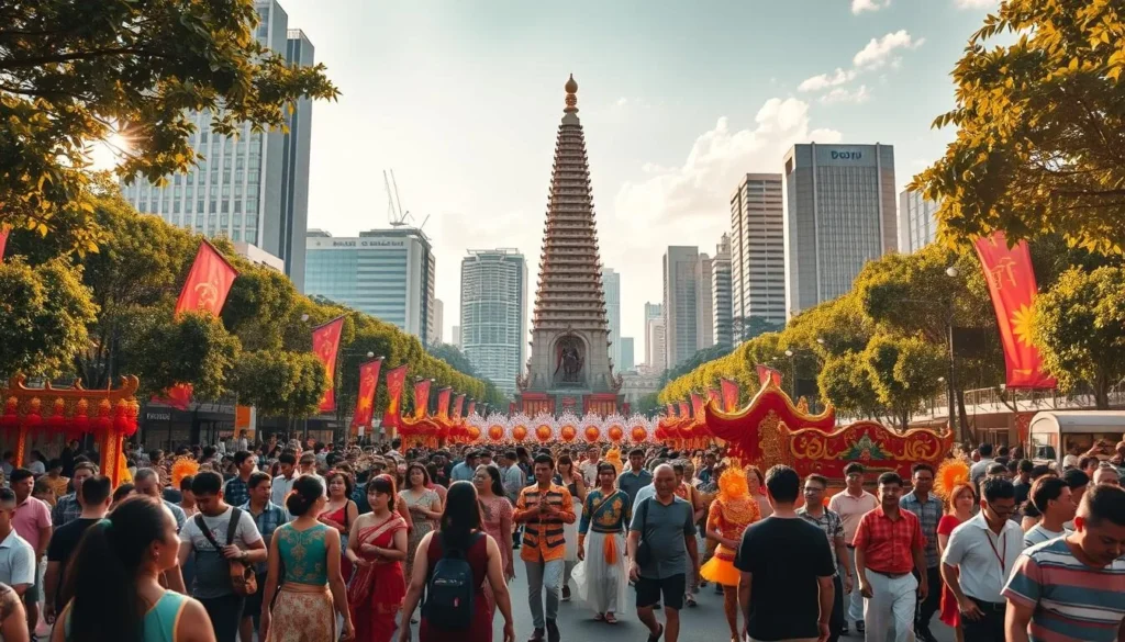 A vibrant and colorful scene of Singapore's most iconic festivals, captured on a sun-drenched day. In the foreground, a lively parade marches through the bustling streets, adorned with intricate costumes, dancing performers, and the rhythmic beats of traditional music. In the middle ground, a towering statue or temple stands as a cultural landmark, surrounded by celebratory crowds. The background is filled with a blend of modern skyscrapers and lush, verdant foliage, creating a harmonious contrast between the old and new. Warm, diffused lighting casts a golden glow over the entire scene, evoking a sense of joy and festivity. The overall atmosphere is one of vibrant energy, cultural diversity, and a deep appreciation for Singapore's rich heritage.