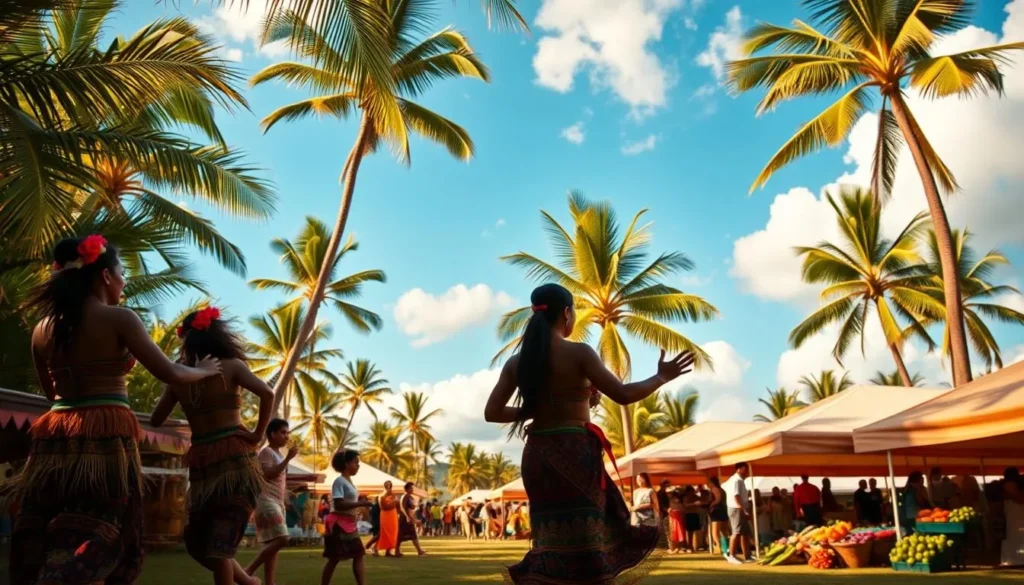 A vibrant and colorful scene of a Tongan festival, set against a backdrop of lush tropical foliage. In the foreground, graceful dancers in traditional costumes sway to the rhythm of drums and chanting, their movements fluid and mesmerizing. In the middle ground, a bustling marketplace with vendors selling handcrafted goods, fresh produce, and fragrant flowers. In the background, towering palm trees sway gently in the warm breeze, and the clear blue sky is dotted with fluffy white clouds. The scene is illuminated by warm, golden sunlight, casting a soft, ethereal glow over the entire tableau. The overall mood is one of vibrant celebration, cultural pride, and a deep connection to the natural world.