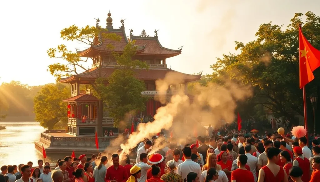 A vibrant and colorful scene of the Hung King Temple Festival in Vietnam. A grand pavilion with intricate architectural details stands tall, surrounded by lush green trees and a serene river. In the foreground, a crowd of people dressed in traditional Vietnamese attire gather, engaging in festive celebrations. Incense smoke drifts through the air, creating a mystical atmosphere. The warm, golden sunlight casts a gentle glow over the entire scene, highlighting the rich cultural heritage and spiritual significance of this important festival honoring Vietnam's founding fathers. A wide-angle lens captures the grandeur of the temple and the vibrant energy of the celebration.