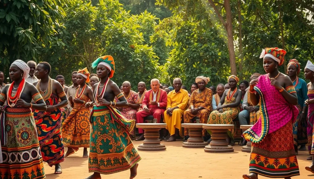 A vibrant and immersive scene of an Ashanti traditional ceremony in the heart of Kumasi, Ghana. In the foreground, a procession of elaborately dressed dancers moves gracefully, their colorful traditional costumes and intricate beadwork shimmering in the warm sunlight. In the middle ground, elders sit on ornate stools, observing the ceremony with solemn reverence. The background is filled with lush, verdant foliage, giving the scene a sense of timeless, natural setting. The lighting is soft and diffused, creating a serene and atmospheric ambiance, as if captured through a medium-format lens. The overall mood is one of cultural vibrancy, spiritual connection, and timeless tradition.
