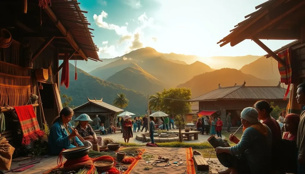 A vibrant and immersive scene of the Dângrêk Mountains in Cambodia. In the foreground, local artisans skillfully craft intricate weavings and wood carvings, showcasing their rich cultural heritage. In the middle ground, villagers gather around a central communal space, engaged in lively discussions and traditional dances. The background reveals the majestic, verdant peaks of the Dângrêk range, bathed in warm, golden sunlight filtering through wispy clouds. The atmosphere is one of peaceful tranquility, inviting the viewer to fully immerse themselves in the captivating cultural traditions of this remarkable region.