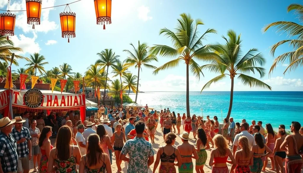 A vibrant and lively Hawaii summer festival unfolds on a sun-drenched beach. In the foreground, colorfully dressed locals and tourists sway to the rhythmic beats of traditional Hawaiian music. Tiki torches cast a warm glow, while festive lanterns and banners flutter in the gentle breeze. In the middle ground, a parade of hula dancers gracefully move to the hypnotic sounds of ukuleles and drums. Towering palm trees sway overhead, framing the scene. In the distant background, the turquoise waters of the Pacific Ocean sparkle under the golden afternoon light. The atmosphere is one of joy, celebration, and the pure essence of Hawaiian summer.