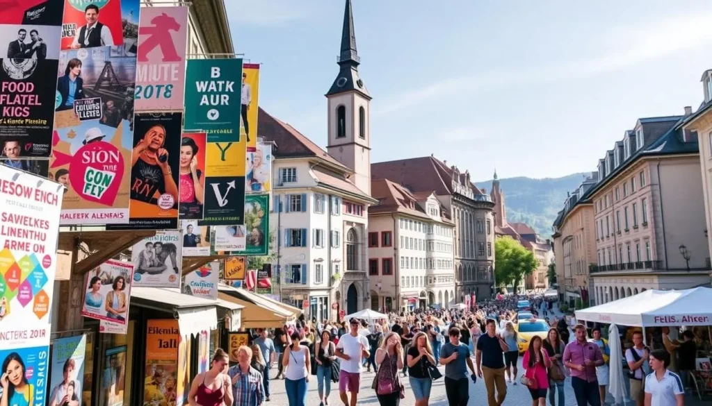 A vibrant and lively festival calendar of Zurich, Switzerland, showcasing the city's rich cultural heritage. In the foreground, a colorful assortment of event posters and banners adorns the bustling city streets, inviting visitors to immerse themselves in the upcoming celebrations. In the middle ground, a crowd of people strolls through the picturesque cobblestone lanes, capturing the festive atmosphere with their cameras. In the background, the iconic landmarks of Zurich, such as the Grossmünster church and the Bahnhofstrasse, provide a stunning backdrop, bathed in the warm glow of a sunny day. The image conveys the vibrant, lively, and well-organized nature of Zurich's festival calendar, enticing the viewer to plan their visit around these captivating events.