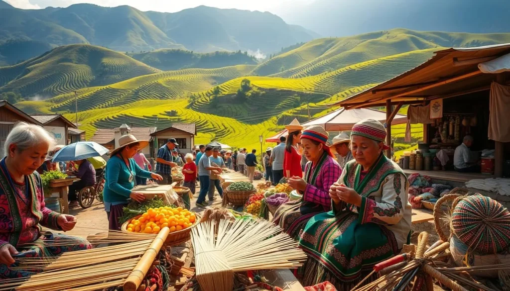 A vibrant and lively scene of Hà Giang's local culture unfolds before us. In the foreground, a group of colorfully dressed ethnic minority women engage in traditional weaving, their nimble fingers interlacing intricate patterns. The middle ground features a bustling outdoor market, where vendors hawk an array of fresh produce, handcrafted textiles, and fragrant street food. In the background, rolling green hills dotted with terraced rice fields create a picturesque landscape, bathed in warm, golden sunlight. The atmosphere is one of cultural richness, community, and a deep connection to the land. Capture the essence of Hà Giang's vibrant local traditions with a cinematic, wide-angle lens.