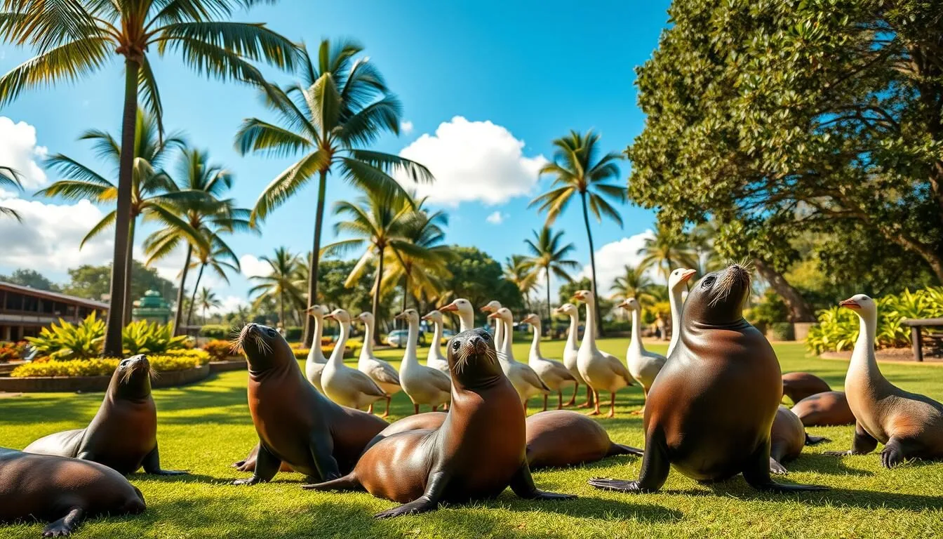 A vibrant and lively scene of the Honolulu Zoo, showcasing a diverse array of captivating animals in their natural habitats. In the foreground, a group of playful Hawaiian monk seals bask in the warm sunlight, their sleek bodies glistening. In the middle ground, a family of Nene geese, the state bird of Hawaii, gracefully stride across a well-manicured lawn. In the background, a towering palm tree canopy provides a tropical ambiance, while a glimpse of the azure sky and fluffy clouds adds to the serene atmosphere. The lighting is soft and natural, capturing the essence of a picturesque Hawaiian day. The overall composition presents a visually striking and engaging representation of the Honolulu Zoo's rich wildlife, inviting the viewer to explore the wonders of this beloved Oahu attraction.