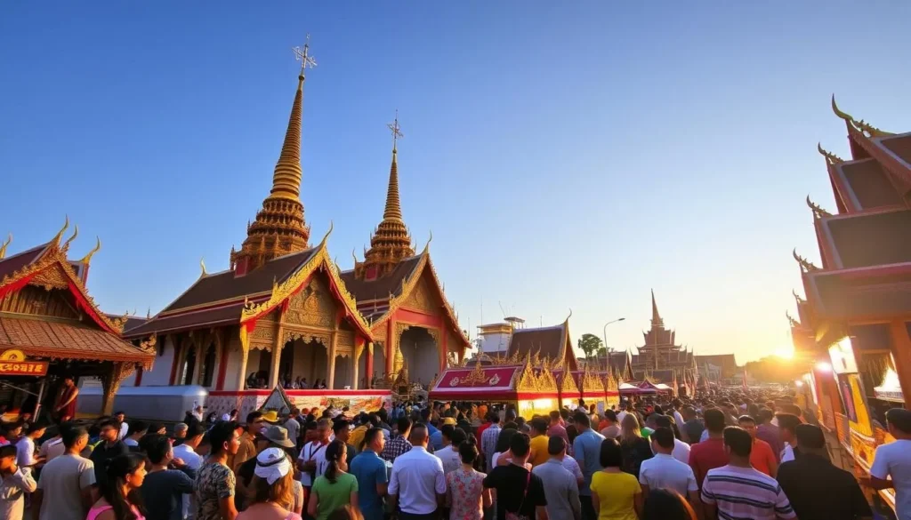 A vibrant and lively scene of the annual Nakhon Ratchasima festival, set against the backdrop of the city's historic architecture. Capture the energy of the crowd as they gather to celebrate with traditional Thai dance performances, colorful costumes, and the aroma of local cuisine wafting through the air. Showcase the intricate details of the ornate temple structures and the bustling activity of the festival stalls, illuminated by the warm glow of the afternoon sun. Convey a sense of cultural immersion and the festive atmosphere that makes this event a must-see for visitors to Nakhon Ratchasima during the best time of year.