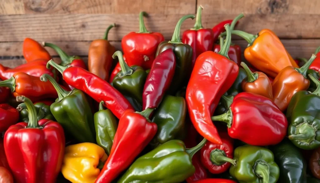 A vibrant arrangement of freshly harvested Las Cruces chile peppers, showcasing their distinctive shapes and hues. The peppers are displayed against a rustic wooden backdrop, their deep reds, vibrant greens, and earthy browns creating a visually appealing contrast. Soft, natural lighting illuminates the scene, casting gentle shadows and highlighting the peppers' glossy, textured surfaces. The image conveys the warmth and authenticity of the local cuisine, inviting the viewer to imagine the robust flavors and aromas of these iconic Southwestern ingredients.