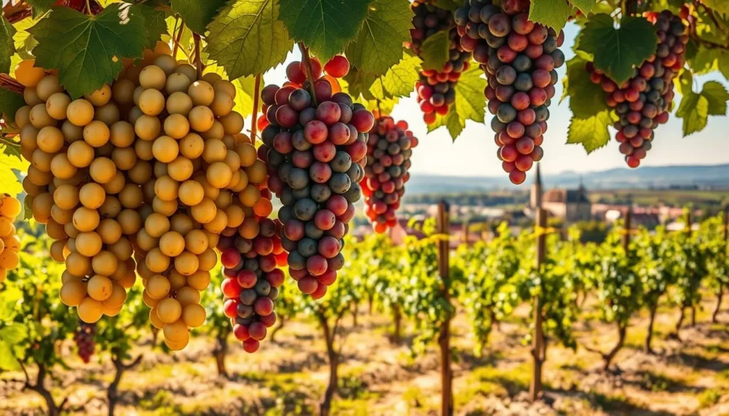 A vibrant array of Loire Valley's renowned grape varieties, bathed in warm sunlight, set against a picturesque backdrop of gently rolling vineyards and distant hills. In the foreground, clusters of Sauvignon Blanc, Chenin Blanc, Cabernet Franc, and Melon de Bourgogne grapes hang in lush profusion, their colors and textures meticulously rendered. The mid-ground features neatly trellised vines, their leaves rustling softly in a gentle breeze. In the distance, a hazy horizon is punctuated by the steeples and rooftops of a quaint Loire Valley town. The scene exudes a sense of tranquility and timeless elegance, capturing the essence of this renowned winemaking region.