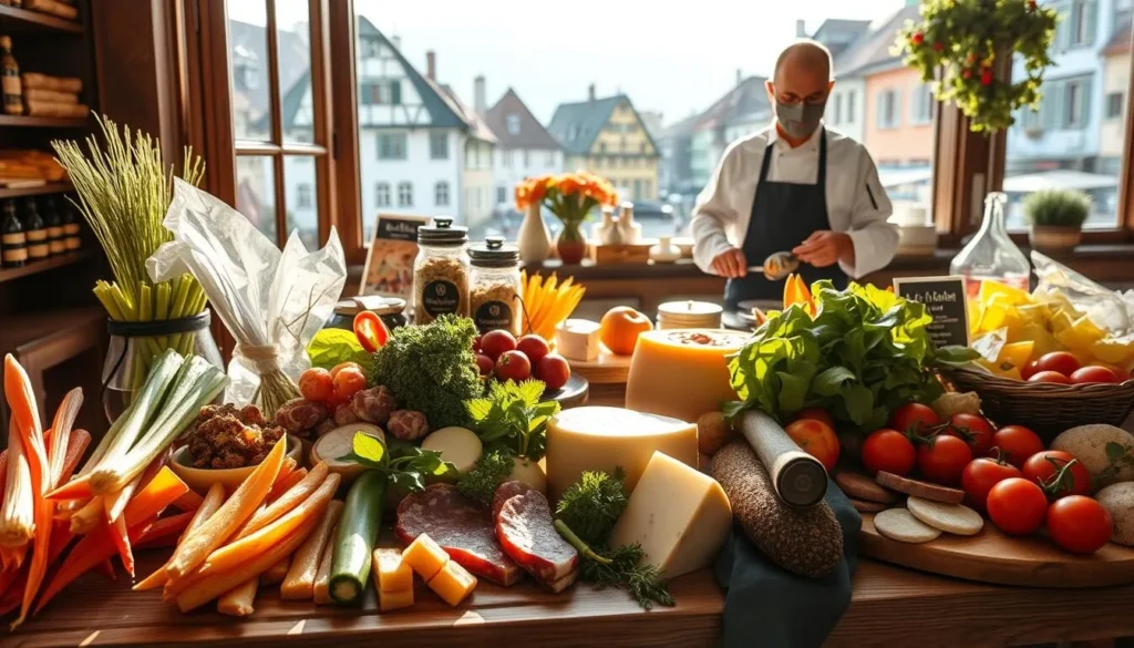 A vibrant, artisanal display of St. Gallen's culinary delights, capturing the essence of the city's rich gastronomic heritage. In the foreground, an array of locally-sourced ingredients, from crisp, freshly-picked vegetables to artisanal cheeses and cured meats, artfully arranged on a rustic wooden table. Sunlight streams in through large windows, casting a warm glow and highlighting the vibrant colors and textures. In the middle ground, a skilled chef meticulously prepares a traditional Swiss dish, their hands deftly moving as they combine the ingredients. The background features the charming, historic buildings of St. Gallen, hinting at the city's cultural and architectural beauty. The overall scene exudes a cozy, inviting atmosphere, inviting the viewer to immerse themselves in the flavors and traditions of this Swiss culinary paradise.