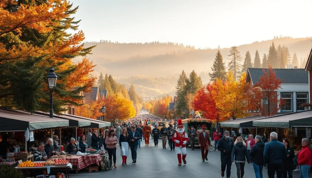 A vibrant autumn scene in the Santa Cruz Mountains, California. The foreground features a bustling town square filled with vendors selling seasonal produce, handcrafted goods, and local cuisine. In the middle ground, a lively parade marches down the main street, with colorful floats, costumed performers, and a marching band. The background showcases the rolling hills and redwood forests that characterize the region, bathed in warm, golden sunlight. The atmosphere is one of community, celebration, and the natural beauty of the changing seasons.