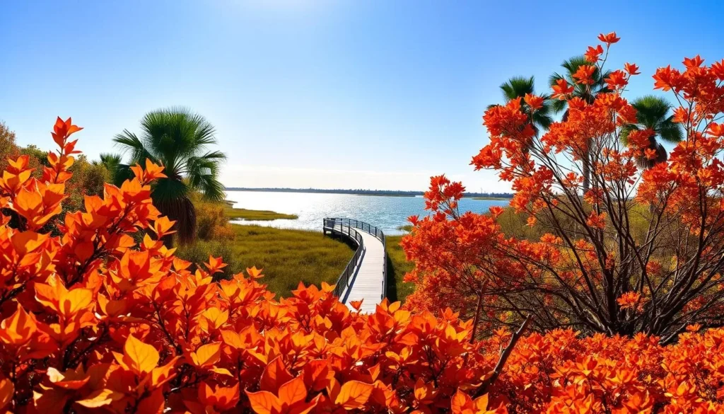 A vibrant autumnal scene in Cape Coral, Florida, showcasing the seasonal splendor of this coastal paradise. The foreground features a lush display of vivid orange, red, and yellow foliage, gently swaying in the soft breeze. In the middle ground, a picturesque boardwalk winds through a tranquil wetland, reflecting the warm hues of the surrounding trees. The background reveals the sparkling waters of the Caloosahatchee River, framed by a cloudless azure sky and the silhouettes of palm trees, creating a serene and quintessentially Floridian atmosphere. Warm, golden sunlight bathes the entire scene, lending a welcoming and inviting ambiance. This captivating image captures the essence of fall in Cape Coral, enticing viewers to experience the city's vibrant seasonal beauty.