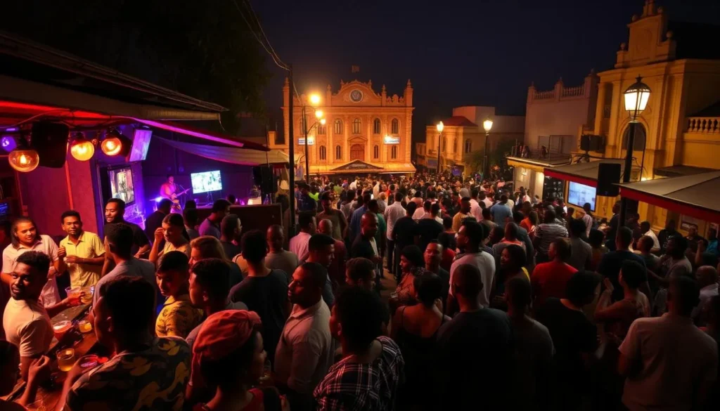 A vibrant, bustling nightlife scene in Kumasi, Ghana. In the foreground, lively crowds gather at an open-air bar, drinks in hand, lively chatter and laughter filling the air. Colorful lights and live music create an energetic atmosphere. In the middle ground, people spill out onto the streets, dancing to the rhythmic beats of local bands. The background features the silhouettes of iconic Ghanaian architecture, illuminated by the warm glow of street lamps. The scene is bathed in a soft, ambient lighting, capturing the cozy, inviting ambiance of a Kumasi night. Crisp, high-resolution digital photograph, taken with a wide-angle lens to encompass the full scope of the vibrant nightlife.